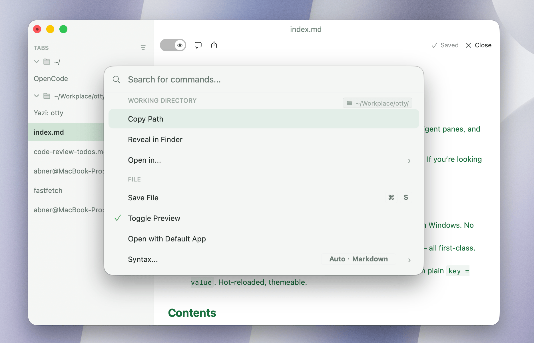 The command palette searching for commands